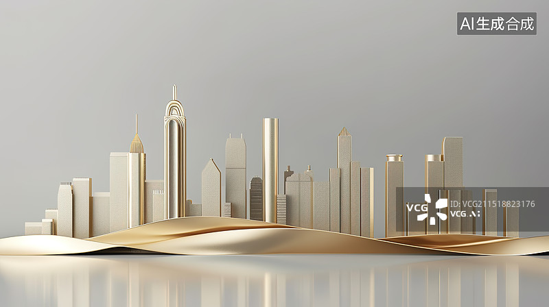 【AI数字艺术】浅金金属立体风格金融城市天际线插画图片素材