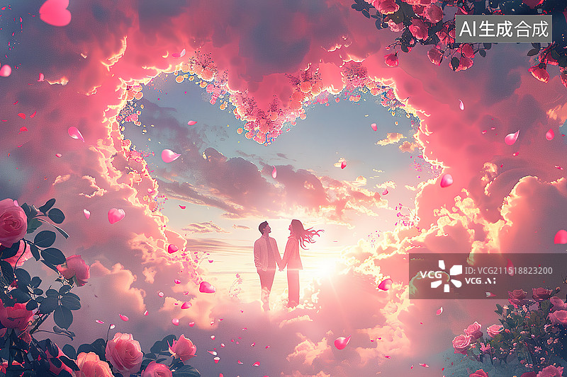 【AI数字艺术】一对情侣站在玫瑰花组成的心型花环前插画图片素材