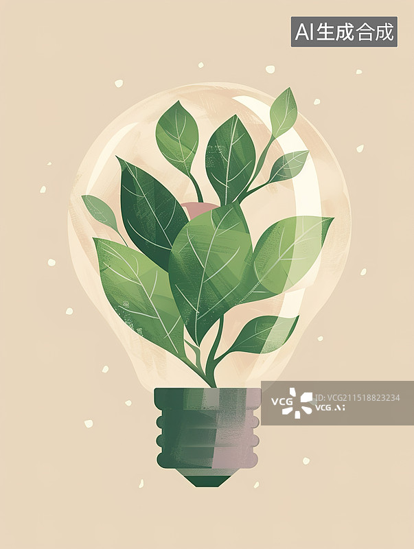 【AI数字艺术】纯色背景下的电灯泡和树叶创意插画——绿色节能概念图片素材