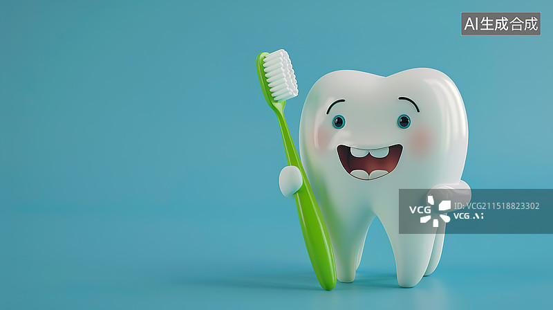 【AI数字艺术】3D可爱的牙齿模型拿着牙刷——口腔护理概念图片素材