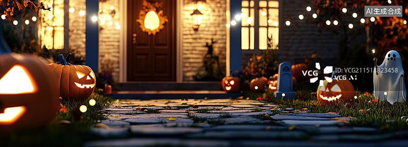 【AI数字艺术】3D万圣节庭院布置氛围感背景图片素材