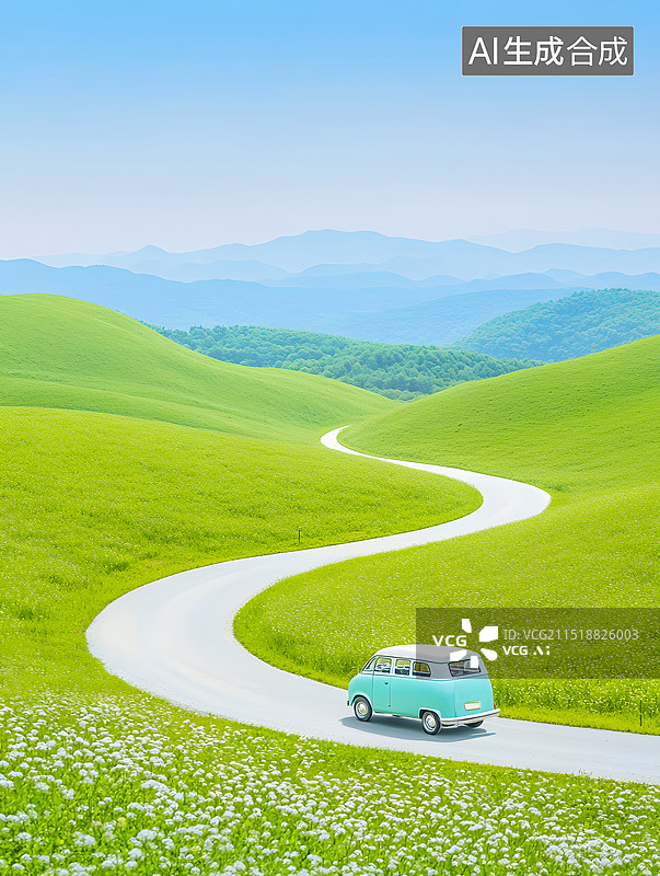 【AI数字艺术】一辆复古的巴士开在蜿蜒小路上三维渲染图片素材