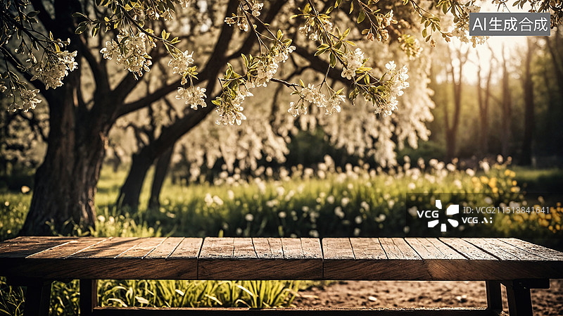 【AI数字艺术】春日木凳与花树图片素材