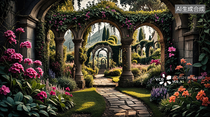 【AI数字艺术】梦幻花园中的拱门之路图片素材