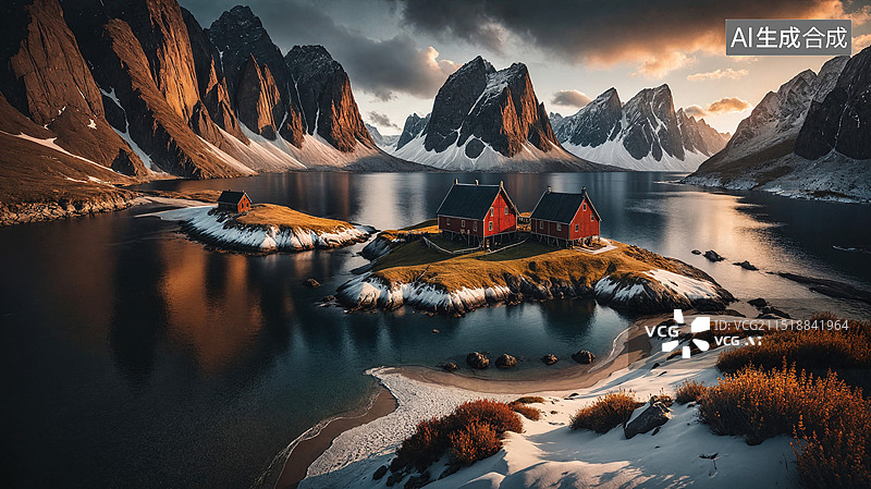 【AI数字艺术】雪山湖畔小屋图片素材