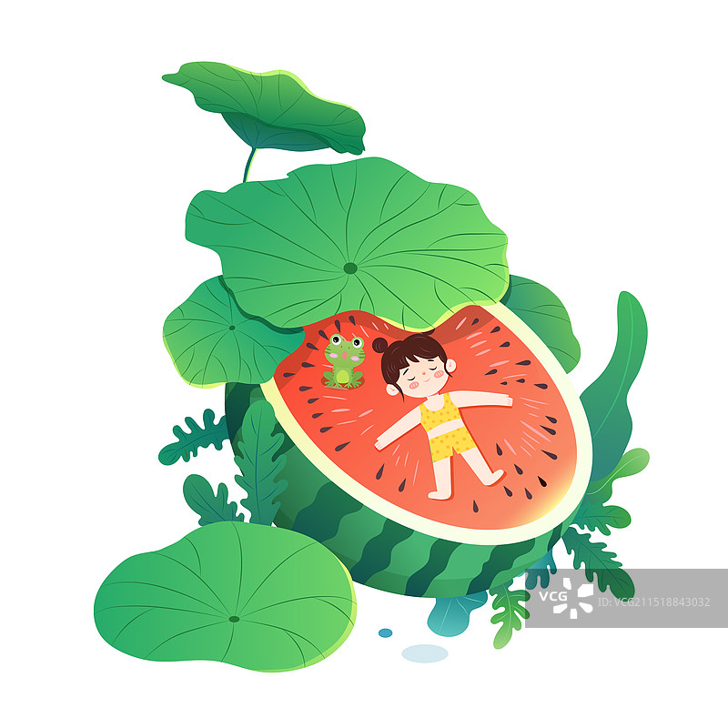 西瓜荷叶和小女孩图片素材