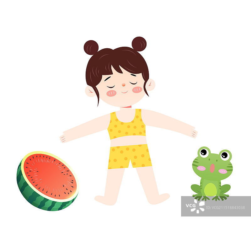 小女孩西瓜青蛙元素图片素材