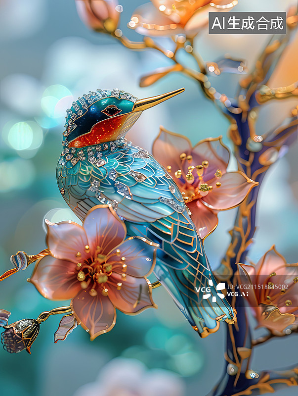 【AI数字艺术】金线玉石玻璃制作的鸟工艺品图片素材