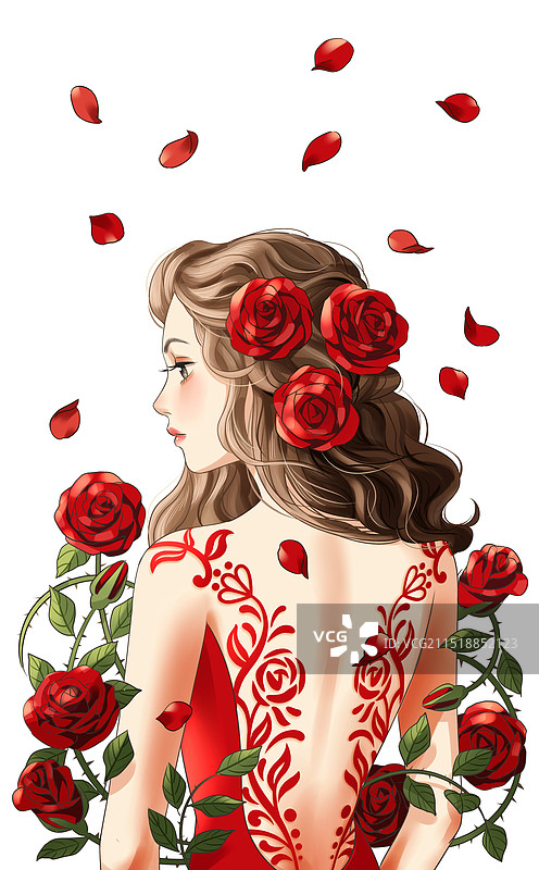 美丽少女穿着礼服妆容精致梳着卷发在玫瑰花花丛中图片素材