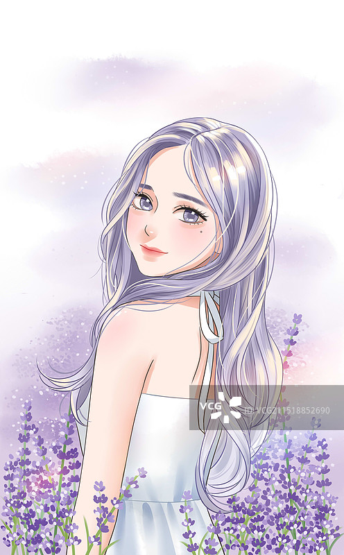 薰衣草少女一头秀发，妆容精致穿着时尚裙子在紫色花丛中回眸图片素材