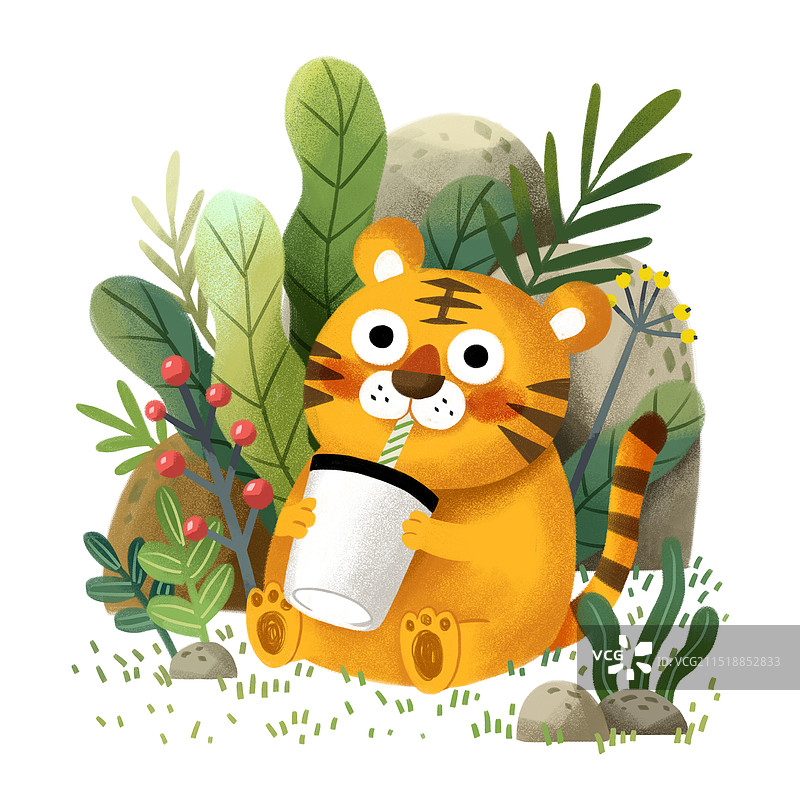 秋天一可爱卡通老虎坐草地上拿着杯子用吸管喝奶茶解渴图片素材