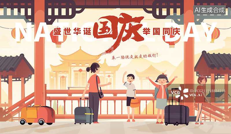 【AI数字艺术】十一黄金周国庆节出游插画海报模版 春运在公交车站等车回家的人，假期拖着行李箱度假的家庭人群 横版图片素材