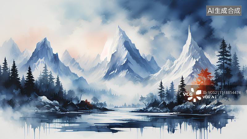 【AI数字艺术】手绘插画 冬季森林湖泊景观图片素材