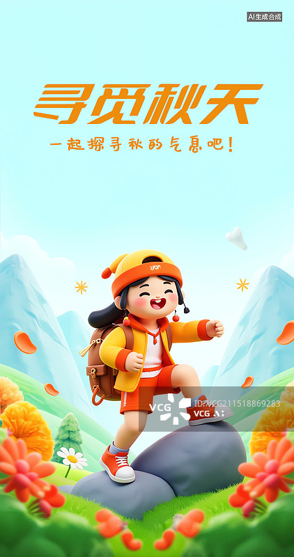 【AI数字艺术】秋季秋天3D插画女孩登山海报开屏页设计图片素材