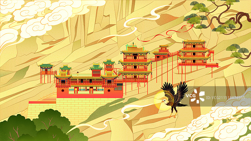山西大同悬空寺国潮插画图片素材