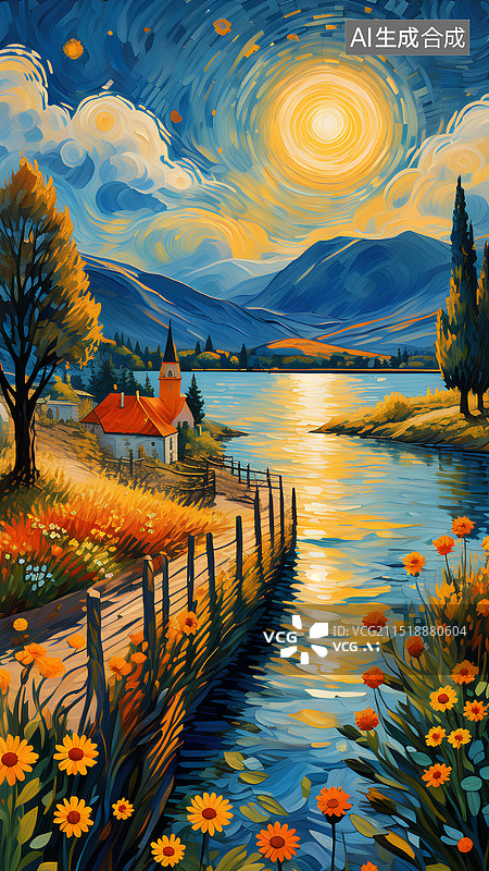 【AI数字艺术】手绘风景插画 日落时的海景图片素材