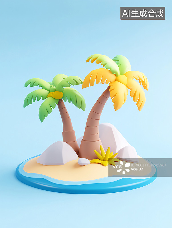 【AI数字艺术】3D渲染椰子树夏季热带海岛夏天节气插图图片素材