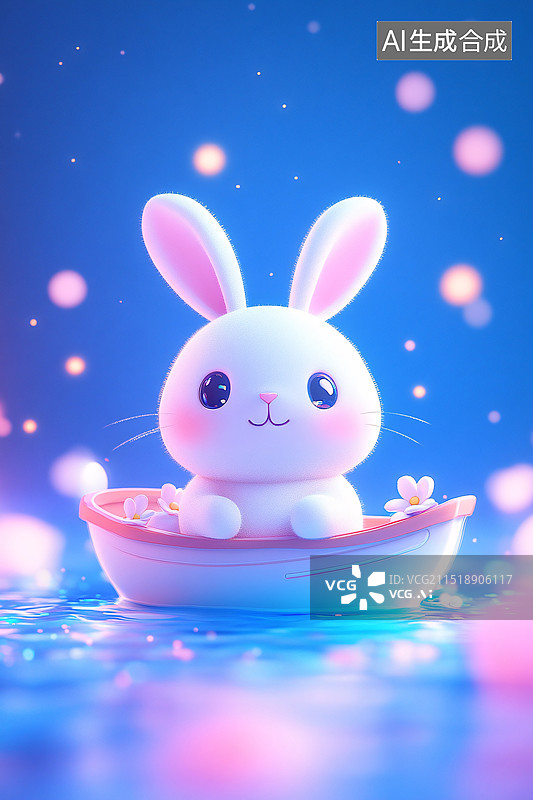 【AI数字艺术】3D中秋节赏月场景兔子坐船上看月亮插画图片素材