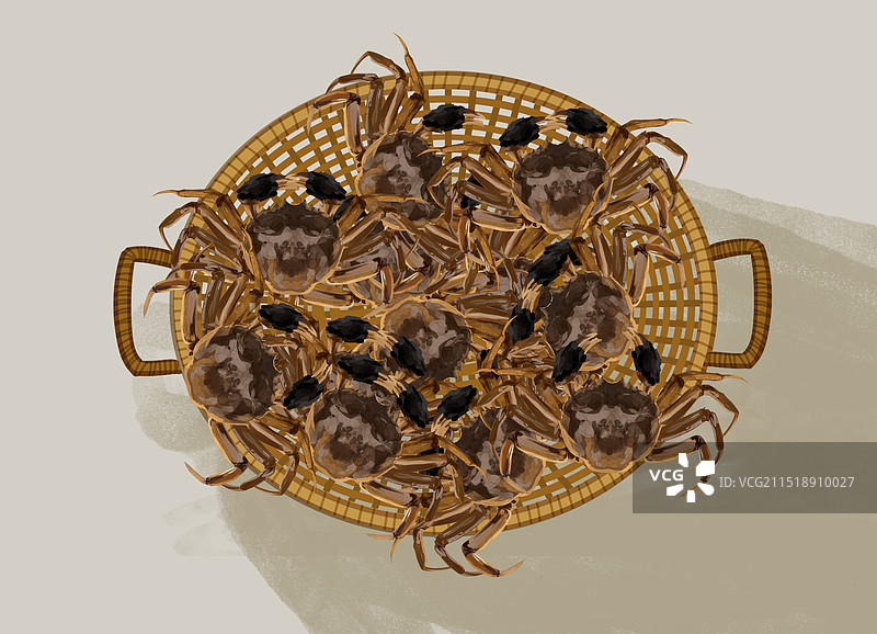食物食材饮食秋天秋季贴秋膘河蟹青蟹螃蟹阳澄湖大闸蟹动物卡通元素素材竹篮插画图片素材