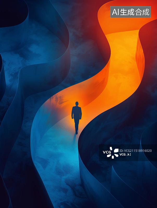 【AI数字艺术】一个人在曲折的道路上前进，前方是光明，个人实现、成功胜利、奋斗拼搏、励志成长概念。图片素材