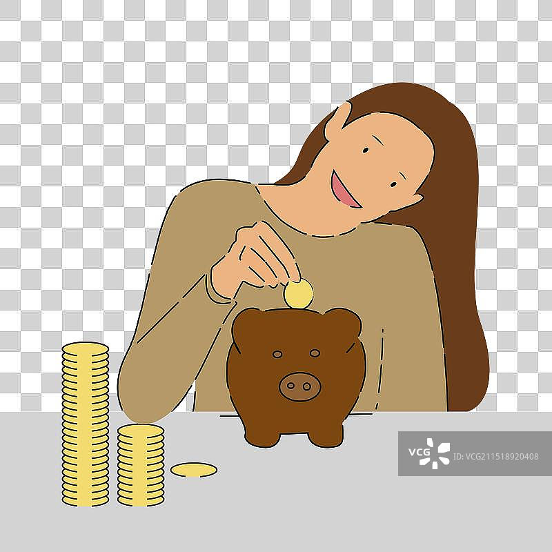 女人往白色小猪存钱罐里放硬币图片素材