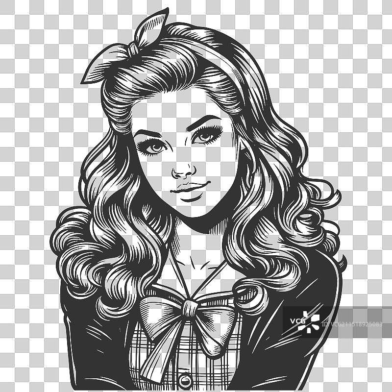 戴蝴蝶结和卷发的复古女孩图片素材