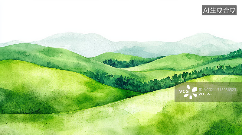 【AI数字艺术】绿色山脉的清新水彩风景图片素材