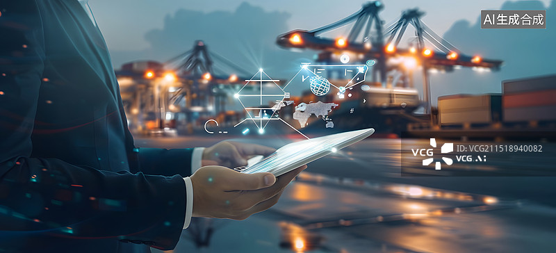 【AI数字艺术】人物剪影和物流运输码头图片素材