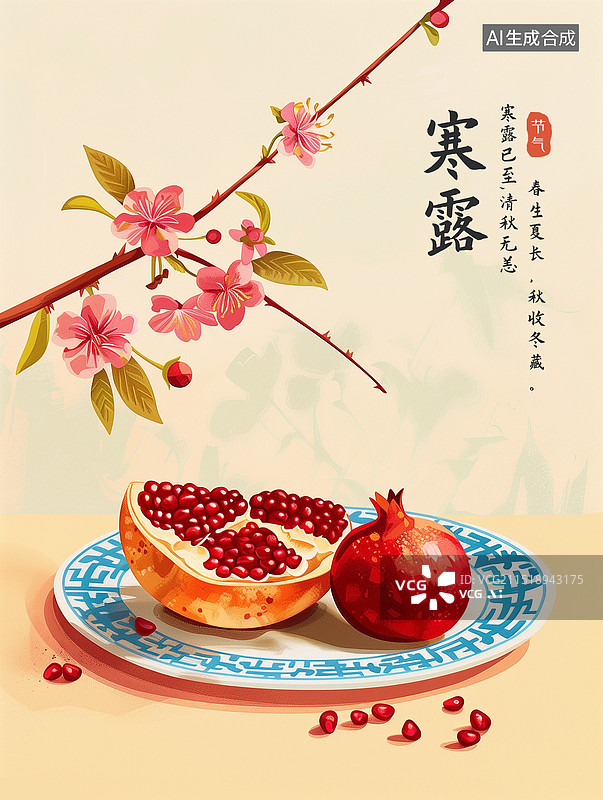 【AI数字艺术】桃花与盘子里的突尼斯软籽石榴，水果石榴，鲜红的石榴，秋天水果美食插画海报模版 竖版图片素材