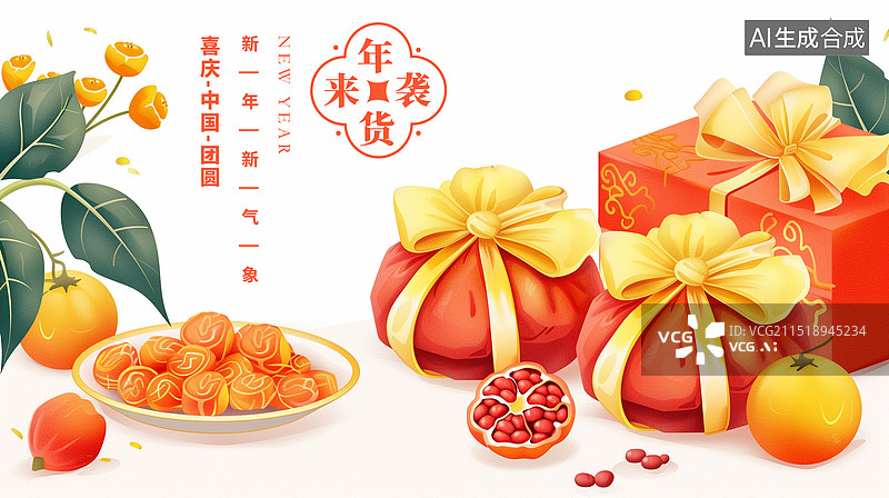 【AI数字艺术】突尼斯软籽石榴和橙子，红色礼物盒，新年节日庆典 办年货 重阳节插画海报模版 横版图片素材