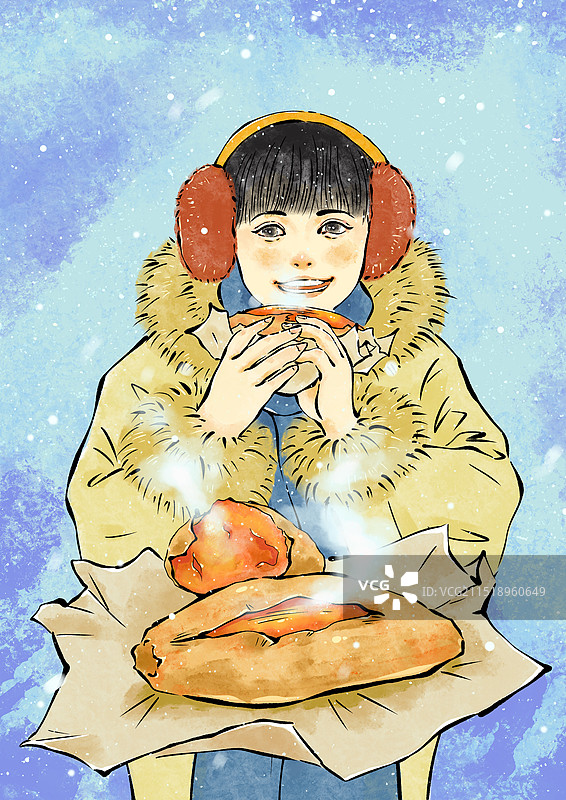 冬季美食烤红薯烤地瓜炒板栗糖炒栗子，下雪天女孩开心地吃烤红薯。图片素材