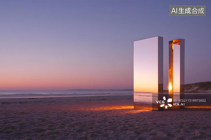 【AI数字艺术】海滩上的夕阳镜子装置图片素材