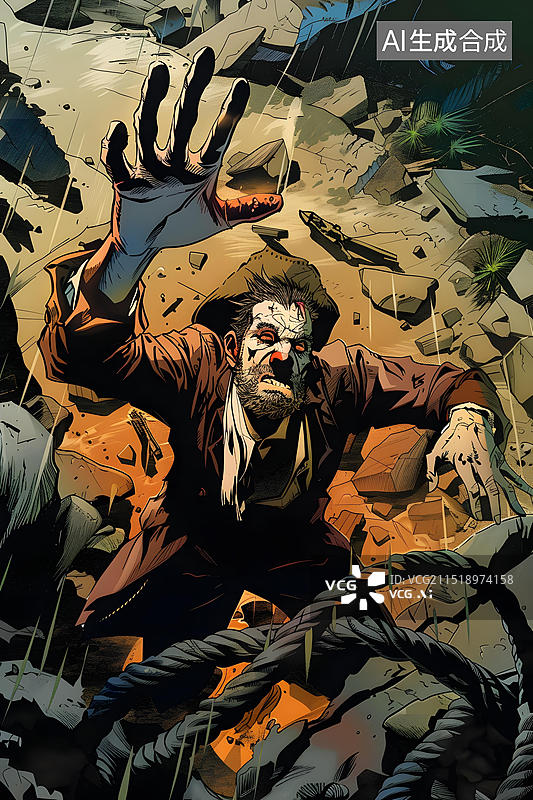 【AI数字艺术】胡子帽子男人坠落废墟图片素材