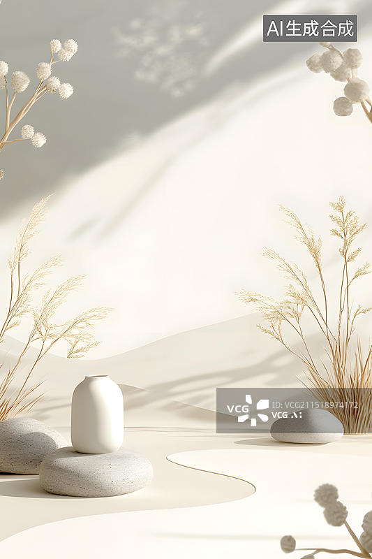 【AI数字艺术】白色简约花瓶与干花石头背景图片素材