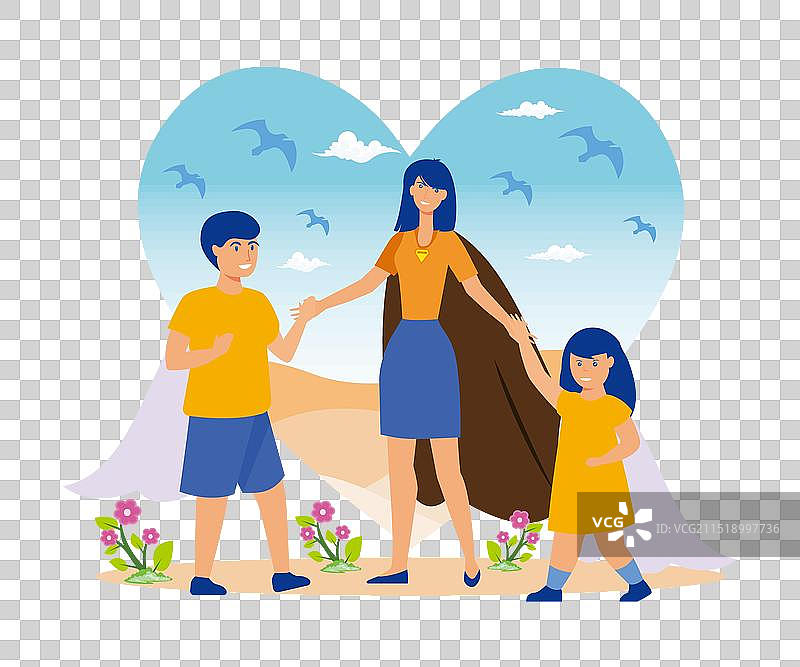 戴着超人披风的母子图片素材