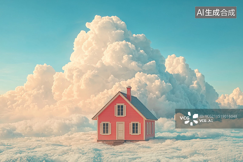 【AI数字艺术】云端上的红色房屋图片素材