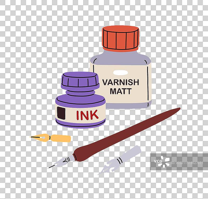墨水和清漆亚光瓶蘸水笔尖图片素材