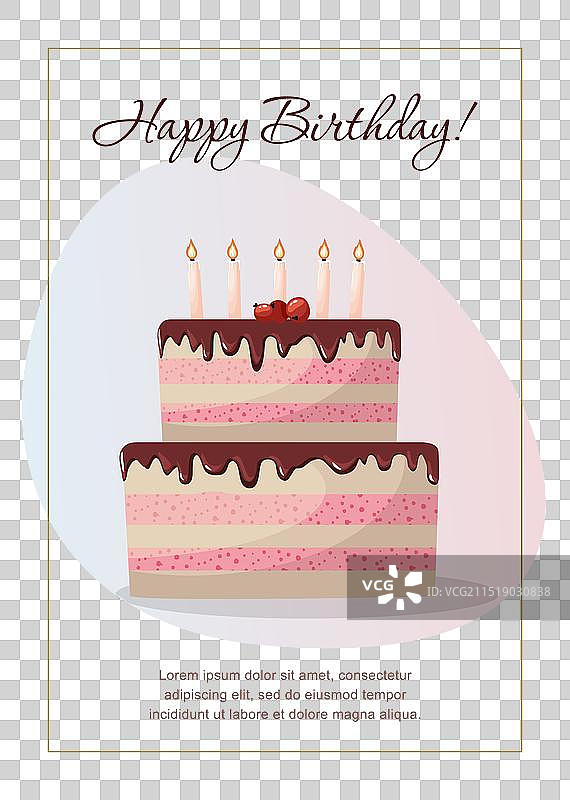 带粉色蛋糕和蜡烛的生日贺卡图片素材