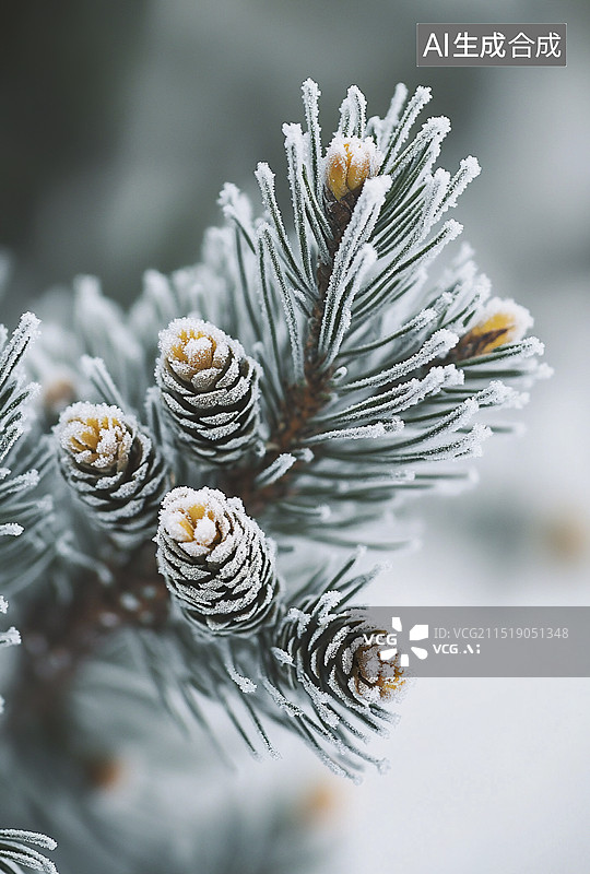 【AI数字艺术】一个结霜的松树树枝和松果的特写图片素材