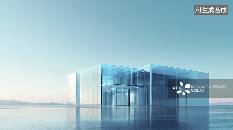 【AI数字艺术】水面湖面的玻璃房建筑酒店别墅图片素材