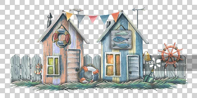 海边渔屋与围栏图片素材