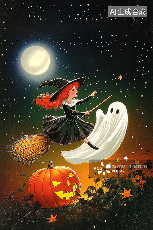 【AI数字艺术】万圣节红发小魔女漫画海报背景图片素材
