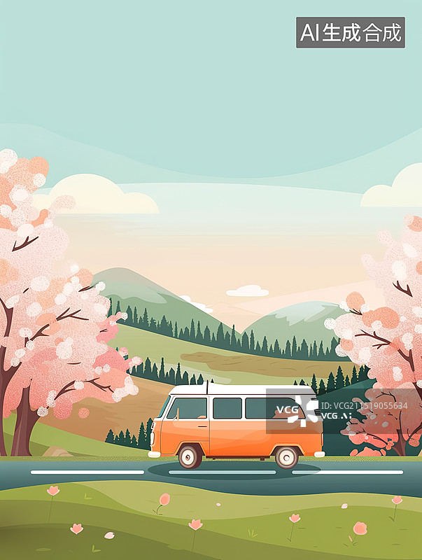 【AI数字艺术】春天粉色的桃花下一辆小汽车去郊游图片素材