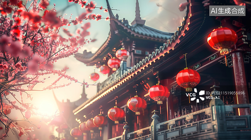 【AI数字艺术】春天落英缤纷下的中国古代建筑插画图片素材