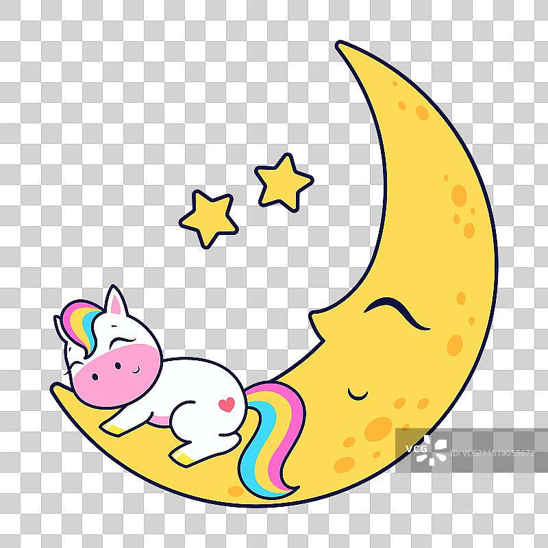 可爱的小独角兽在月亮上睡觉图片素材
