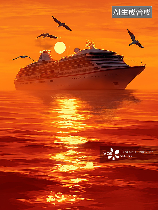 【AI数字艺术】夕阳下海面上的大轮船和海鸥图片素材