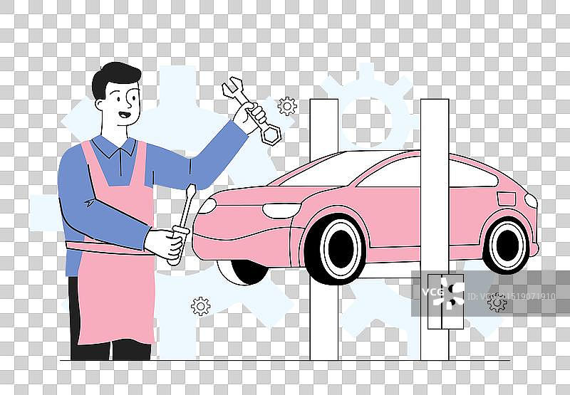 穿制服的年轻男子正在修车图片素材