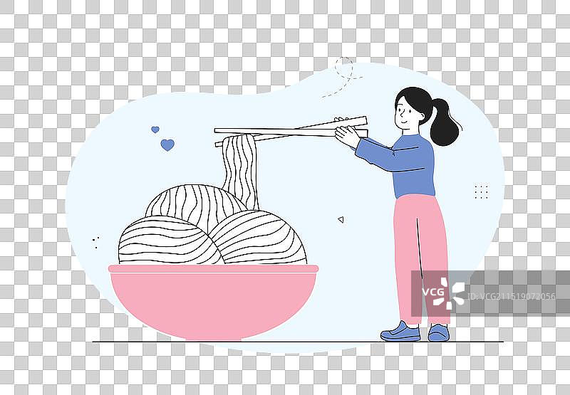 用筷子吃面条的年轻女孩图片素材