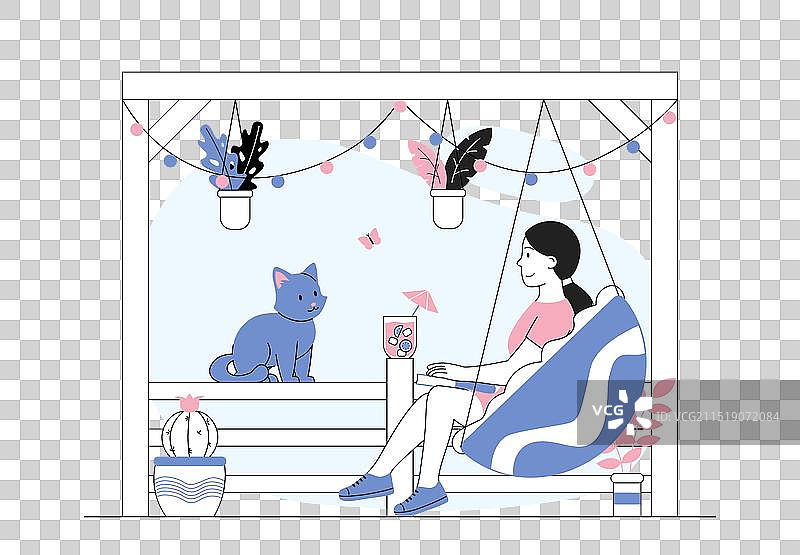 在阳台上休息的年轻女孩坐在吊椅上图片素材