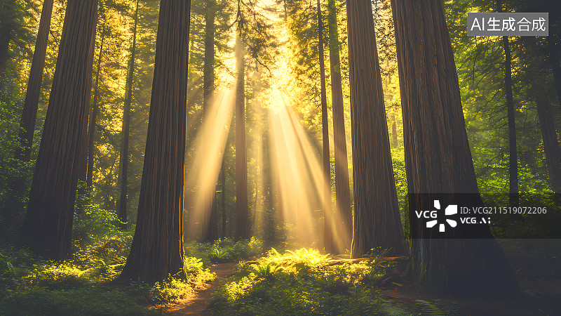 【AI数字艺术】阳光穿过红杉林图片素材
